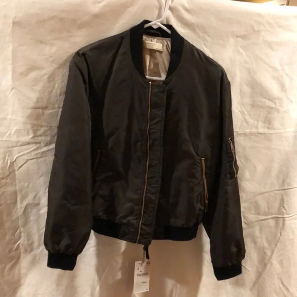 ZARA BASIC Olive Green Bomber Jacket Size L - Picture 2 of 3